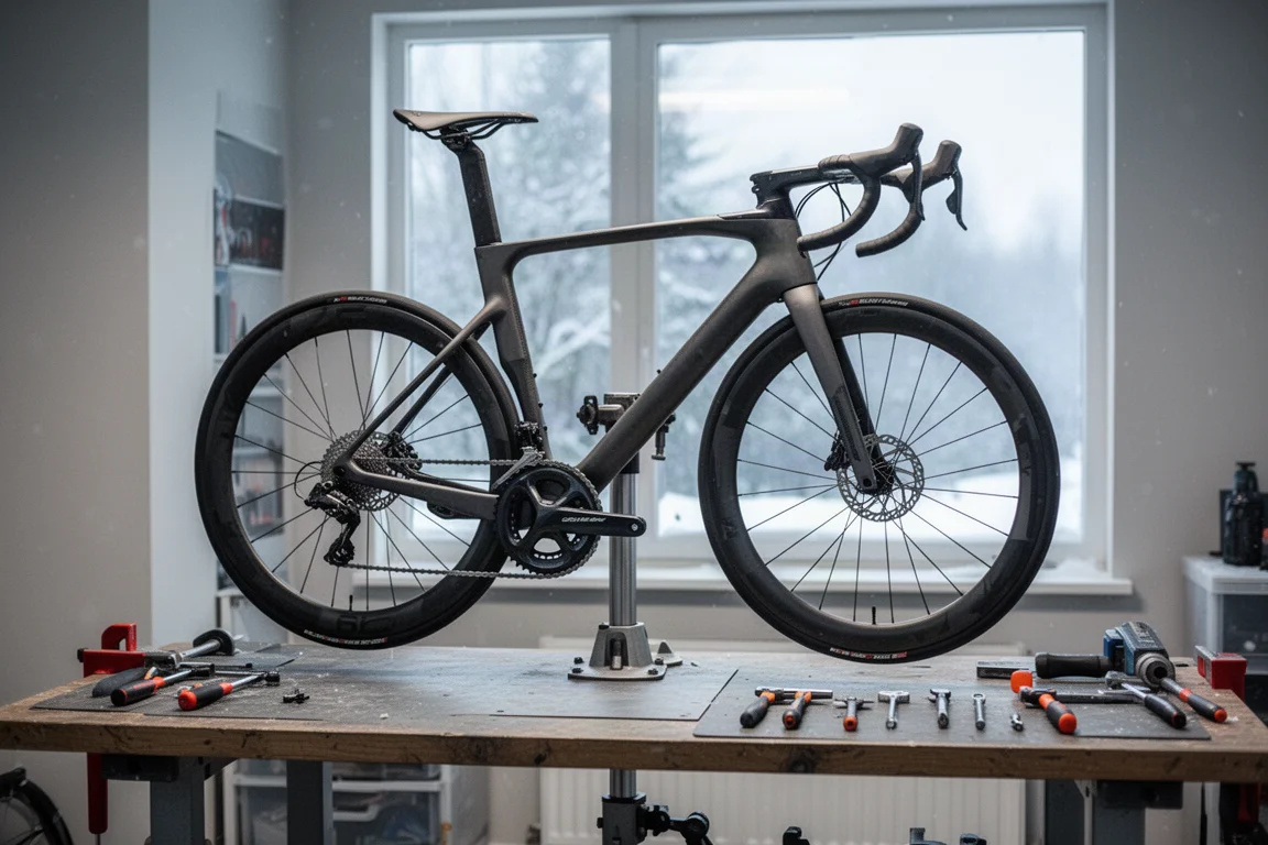 Bici da corsa parzialmente montata su un cavalletto da lavoro in un luminoso laboratorio invernale