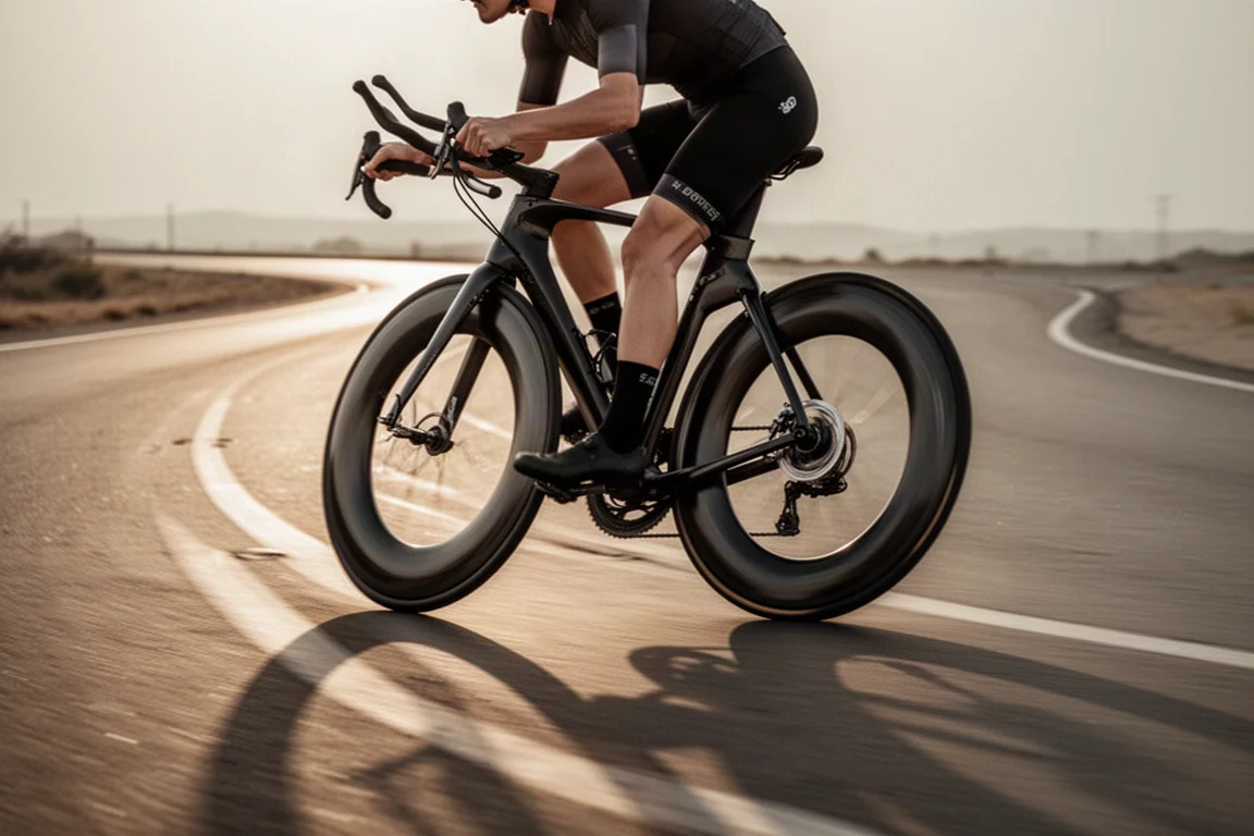 Ciclista in curva a tutta su ruote in carbonio a profilo alto con effetto mosso