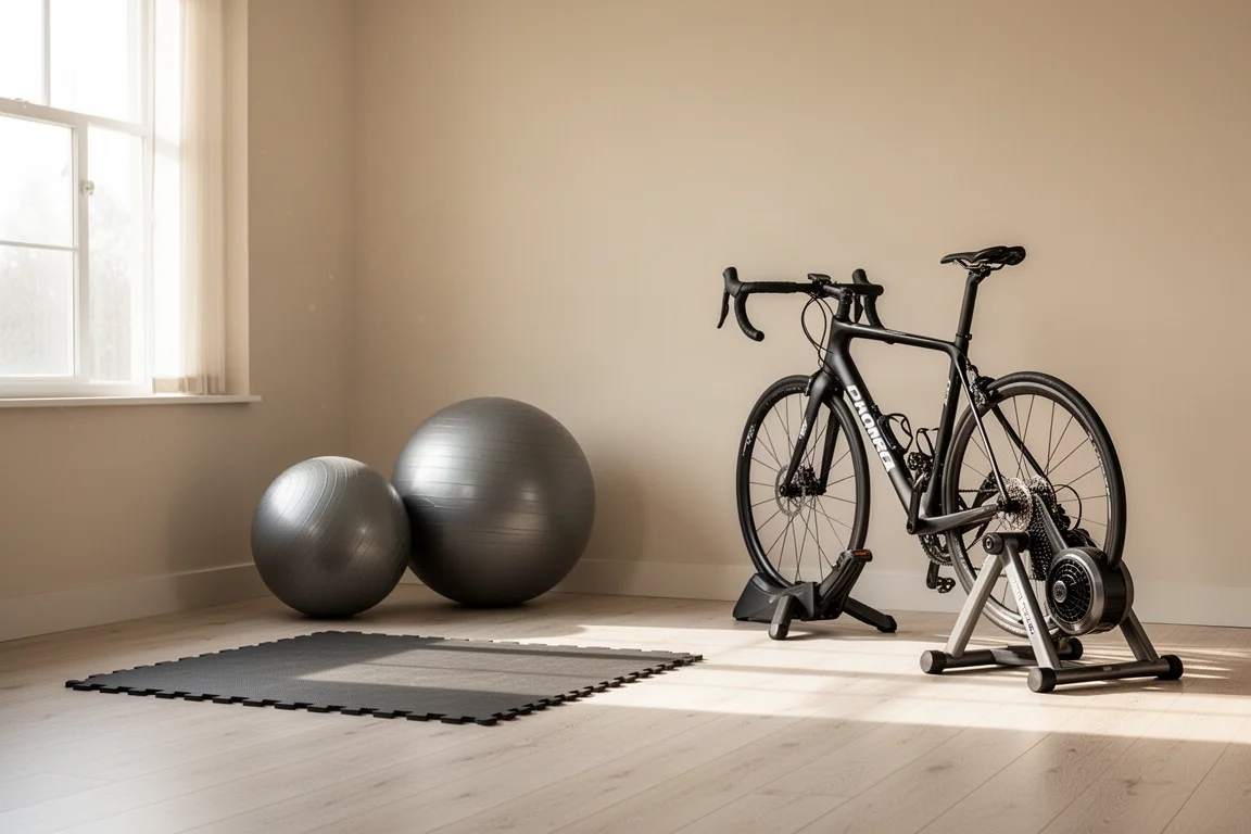 Angolo per l'allenamento indoor con tappetino, fitball e bici su rulli