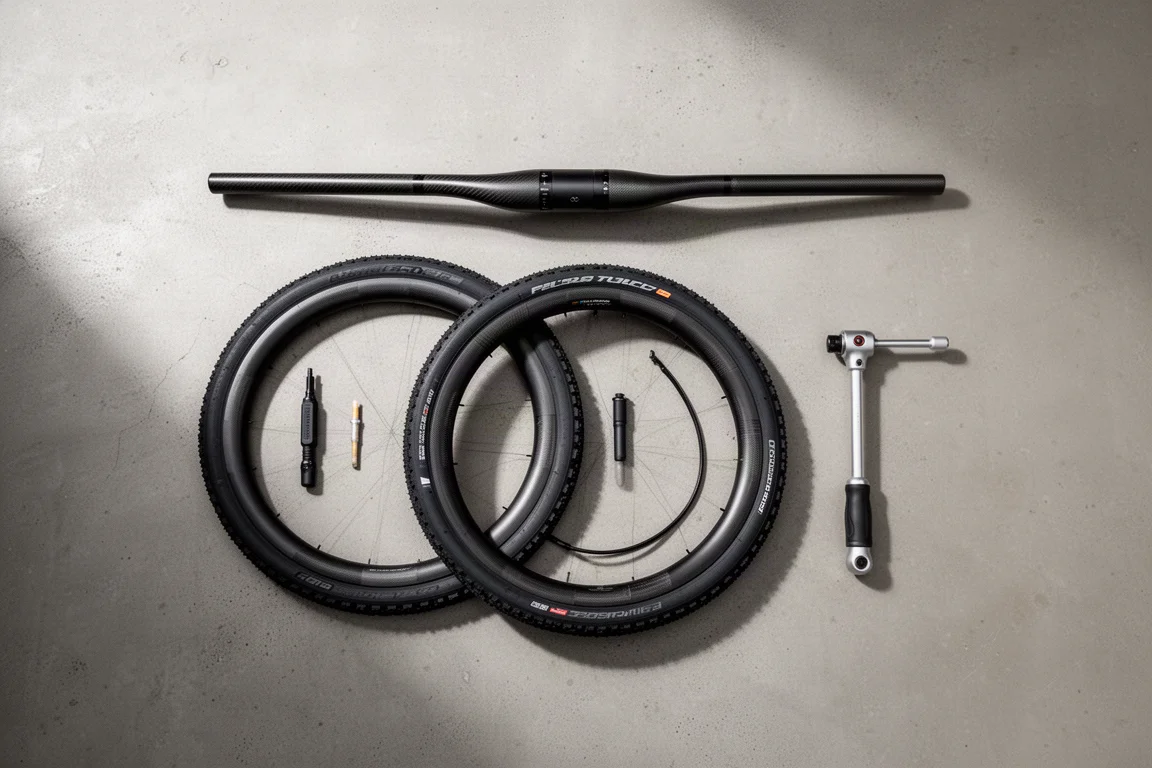 Vista dall'alto di manubrio, pneumatici tubeless larghi e attrezzi di riparazione su cemento