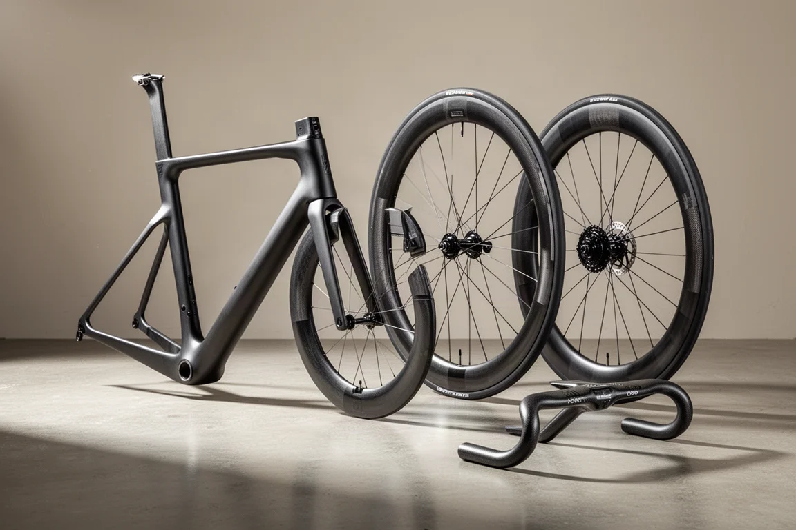 Onbewerkt carbon frameset voor de weg, carbon wielset met diepe velgen en geïntegreerd stuur op beton