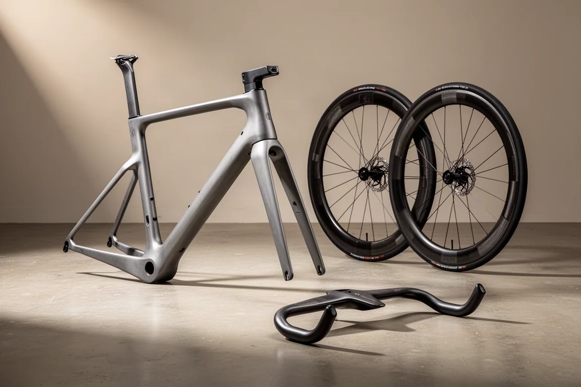 Ongeverfd carbon racefietsframe, diepe carbonwielen en geïntegreerd stuur op beton