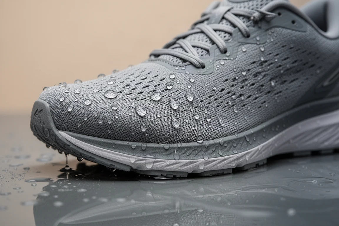 Wasser perlt ab und läuft von einem behandelten Laufschuh-Obermaterial ab