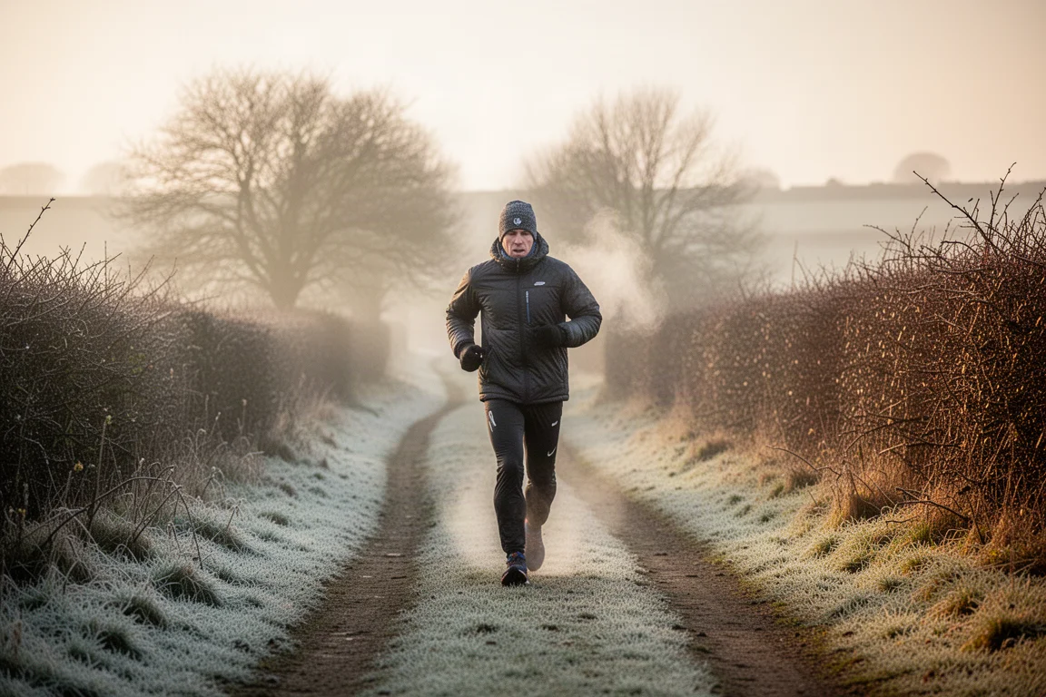 Läufer geht bei sanftem Wintermorgenlicht einen frostigen Weg entlang