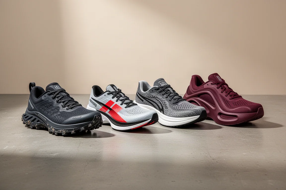Four running shoes in a row on a concrete surface showing winter, racing and max-cushion designs