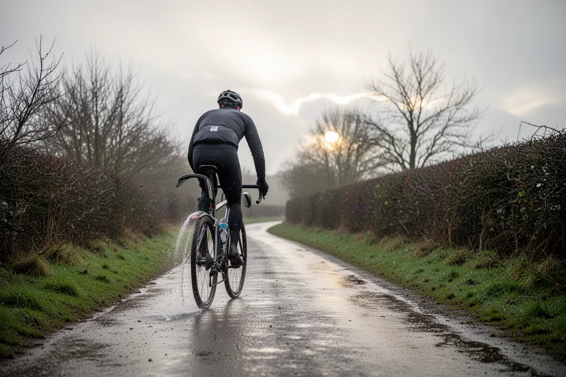 Ciclista su strada che pedala con una bici dotata di parafanghi su una strada di campagna bagnata in inverno
