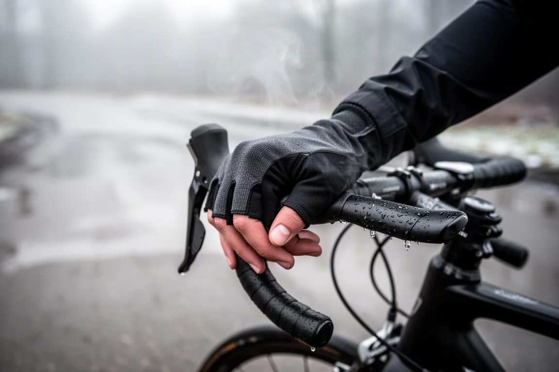 Mano guantata appoggiata sul comando del cambio di una bici da strada in una mattina fredda