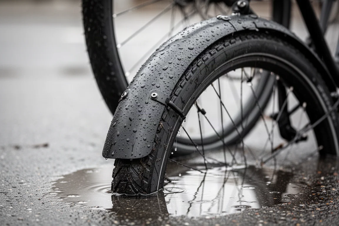 Parafango posteriore a lunghezza completa su un copertone largo di una bici da strada invernale bagnata