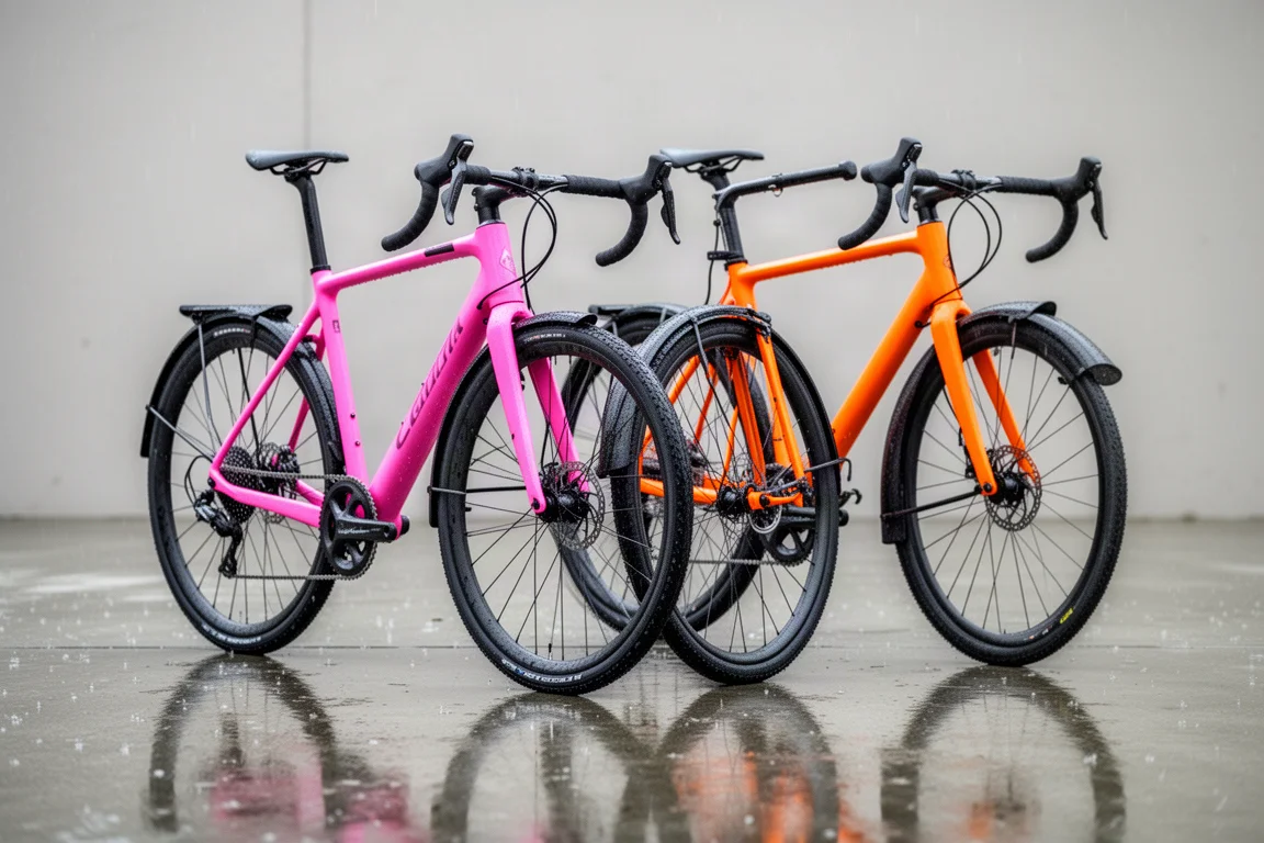 Twee winterracefietsen met spatborden, een roze en een oranje, op nat beton