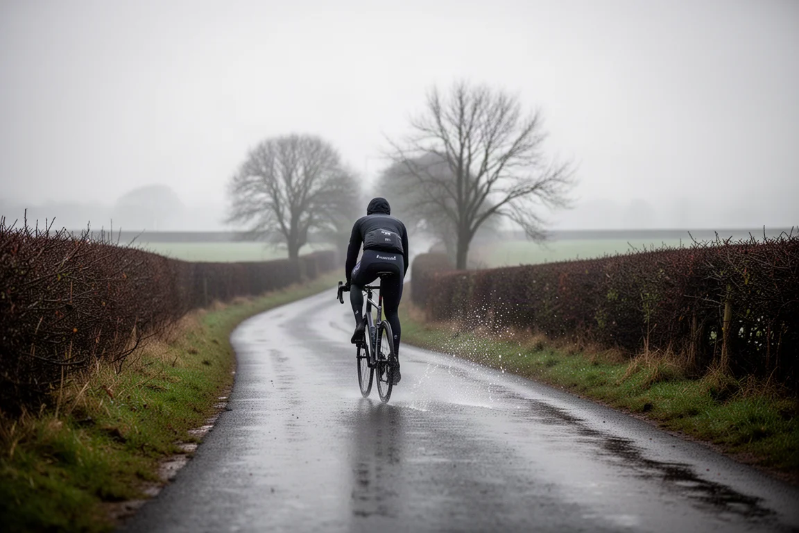 Bicicleta de carretera apoyada contra un muro de piedra en un camino rural mojado de invierno con niebla baja
