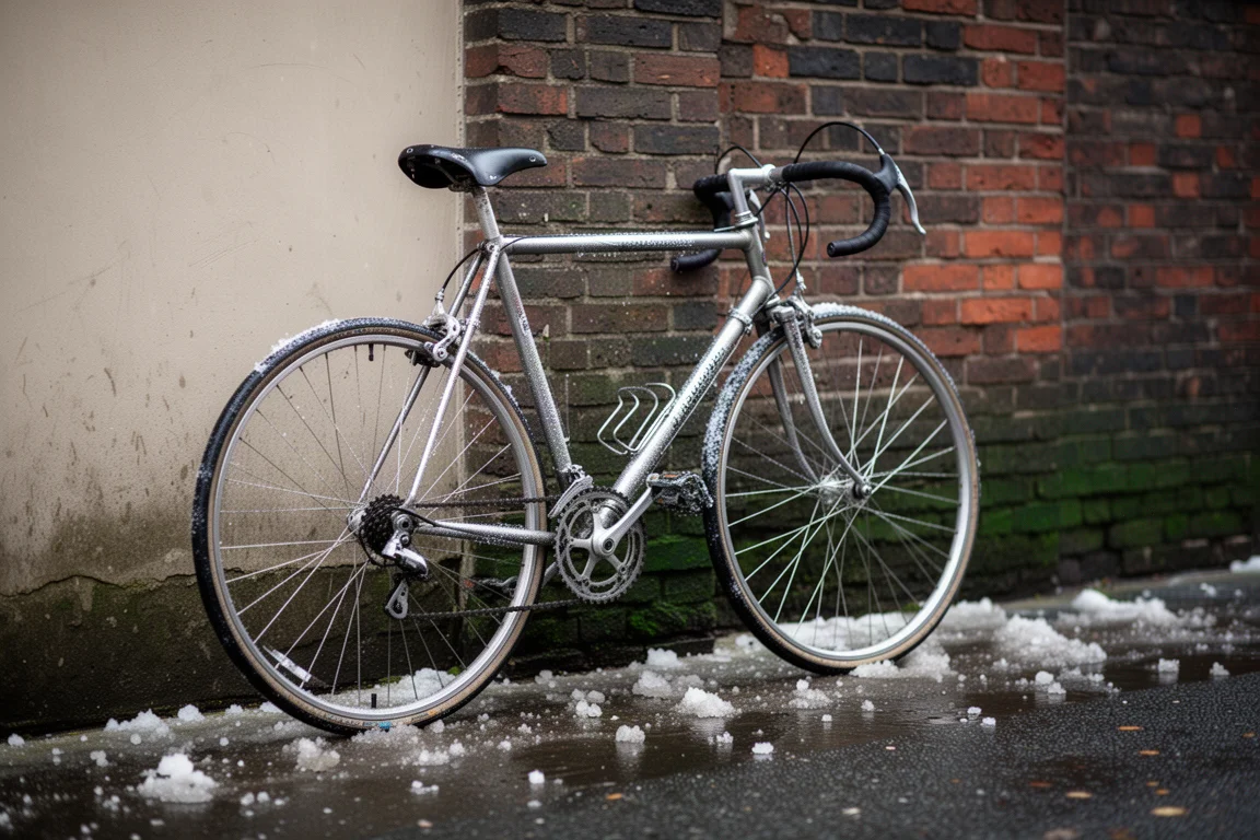 Bicicleta de carretera de aluminio apoyada contra una pared de ladrillo junto a un camino invernal con gravilla