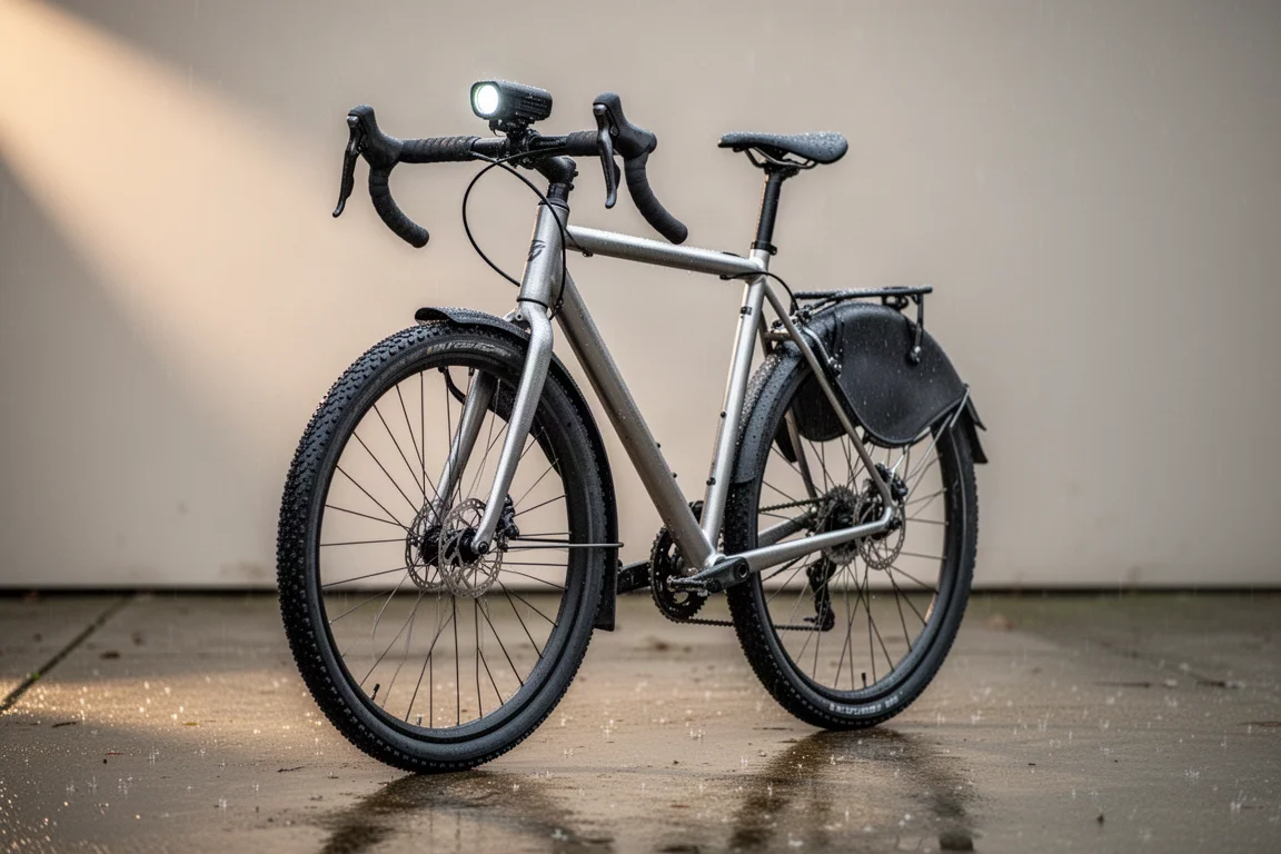 Winter road bike setup with an all-season tire, clip-on mudguard, and front light on concrete