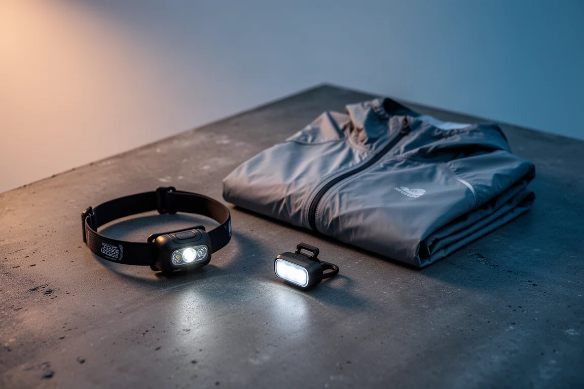 Winter running essentials including a head torch, jacket, and clip-on light on concrete