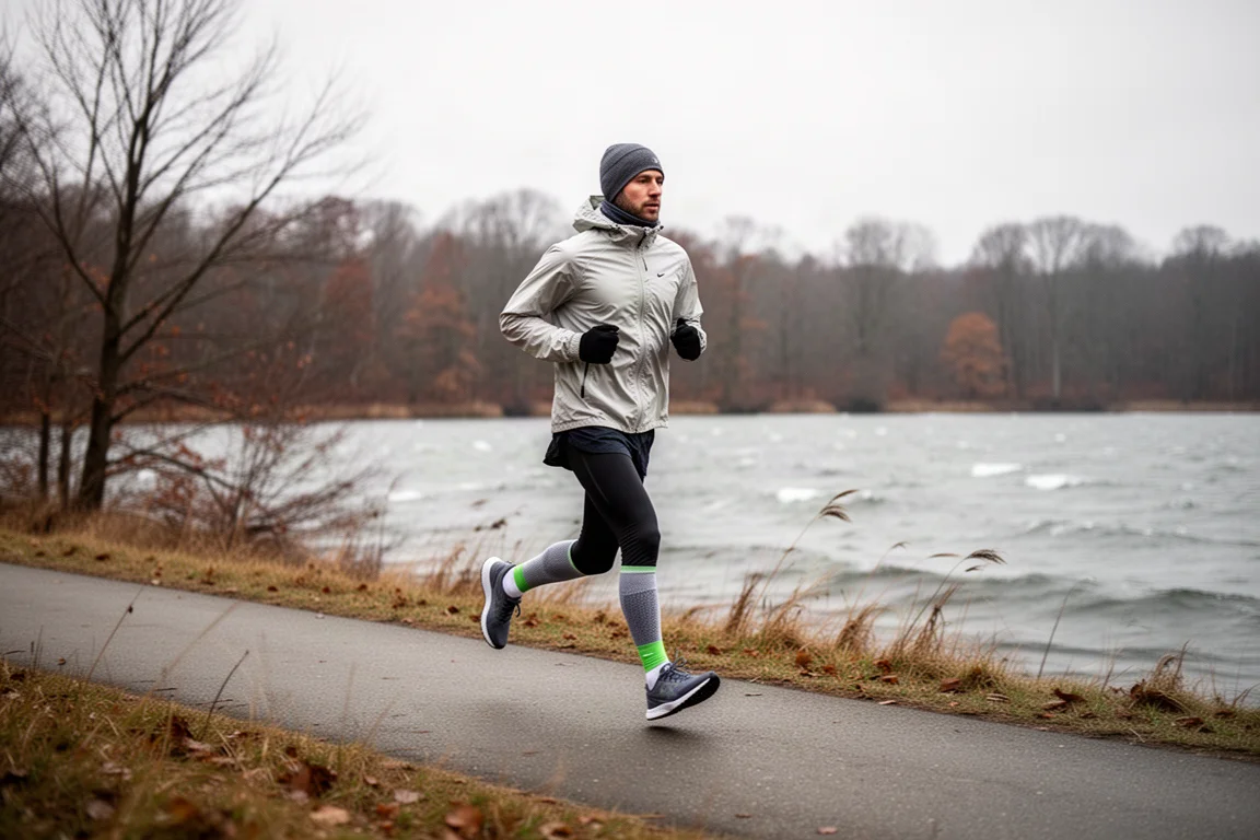 Hardloper op een winderig pad langs het meer in de late herfst, gekleed in gelaagde winterhardloopkleding