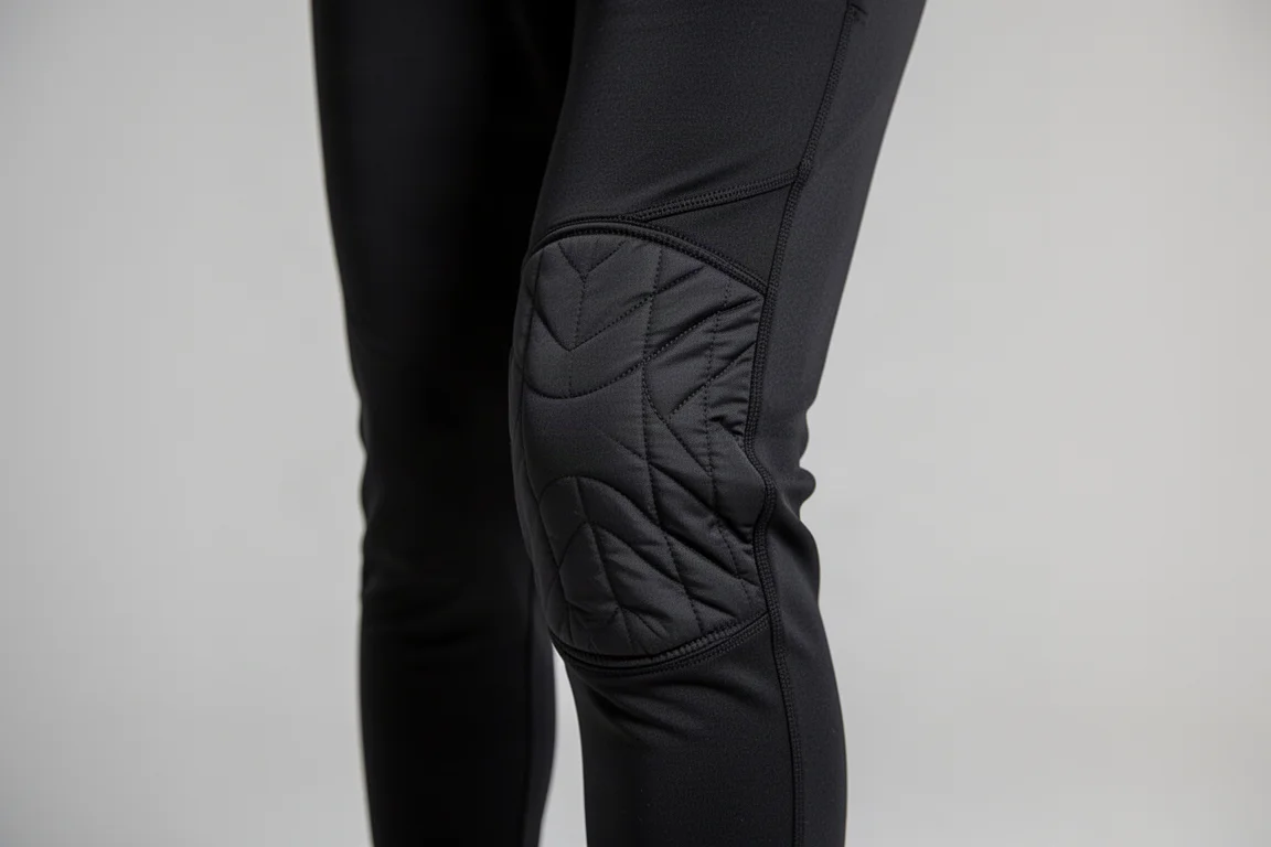 Close-up van een gevoerd windwerend paneel aan de voorkant van winterse hardloopjoggingbroek