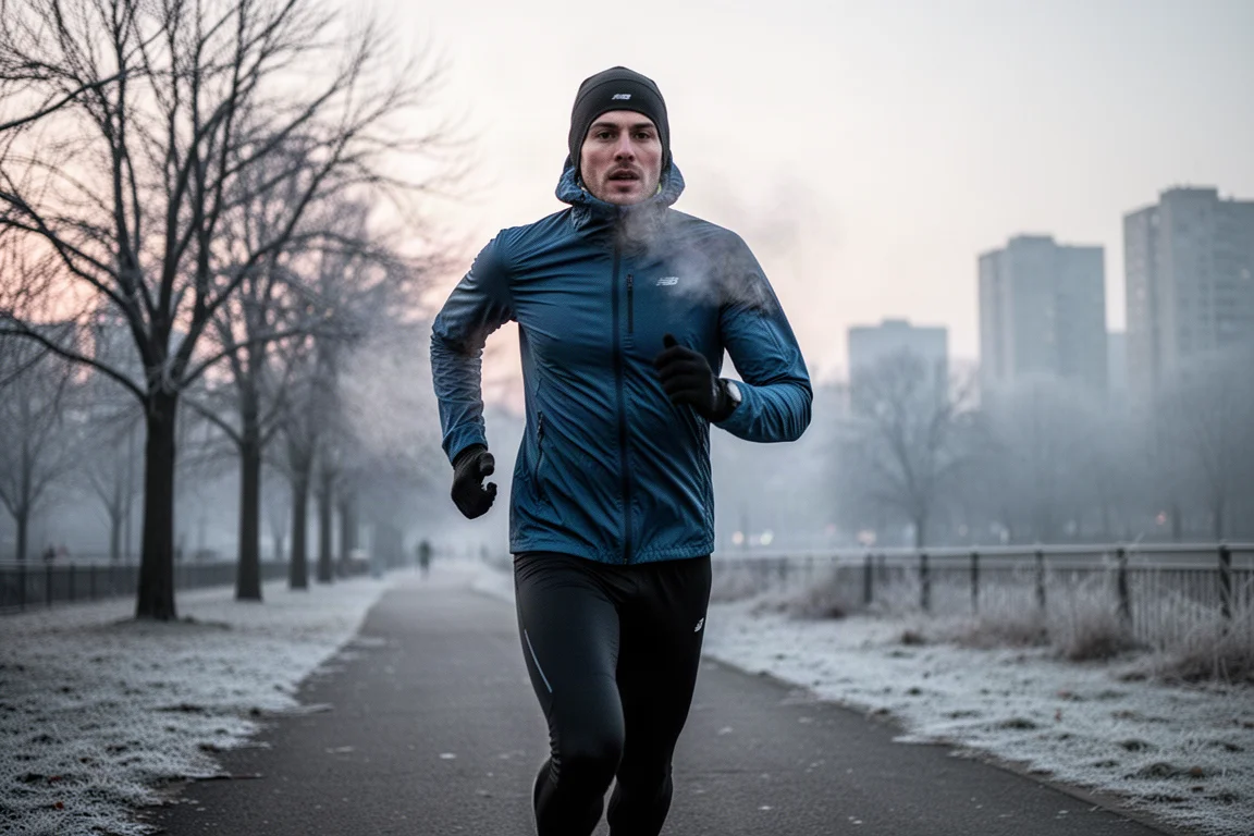 Hardloper in een licht technisch jack op een koude, winderige winterochtend