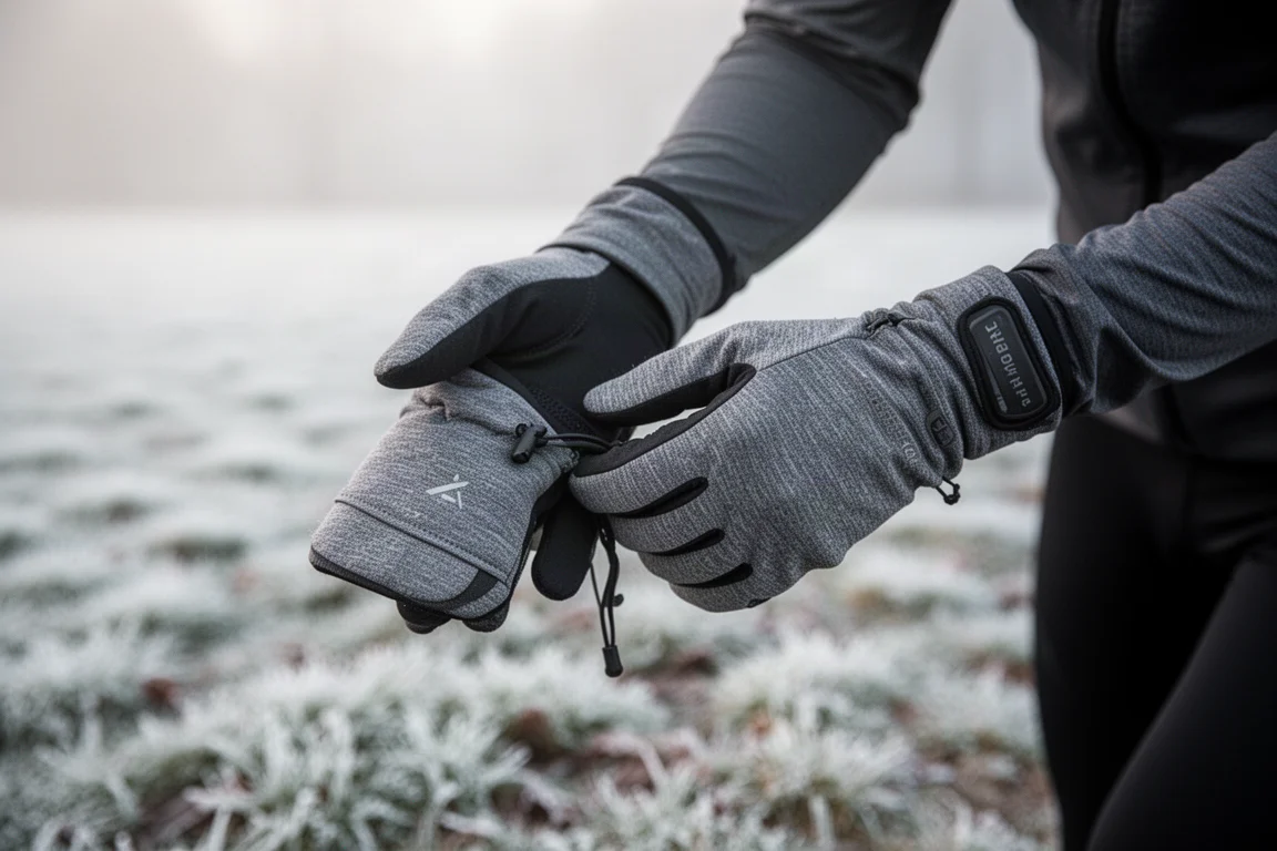 Hardloophandschoen die over een dunne handschoen wordt getrokken tijdens een vrieskoude hardloopsessie
