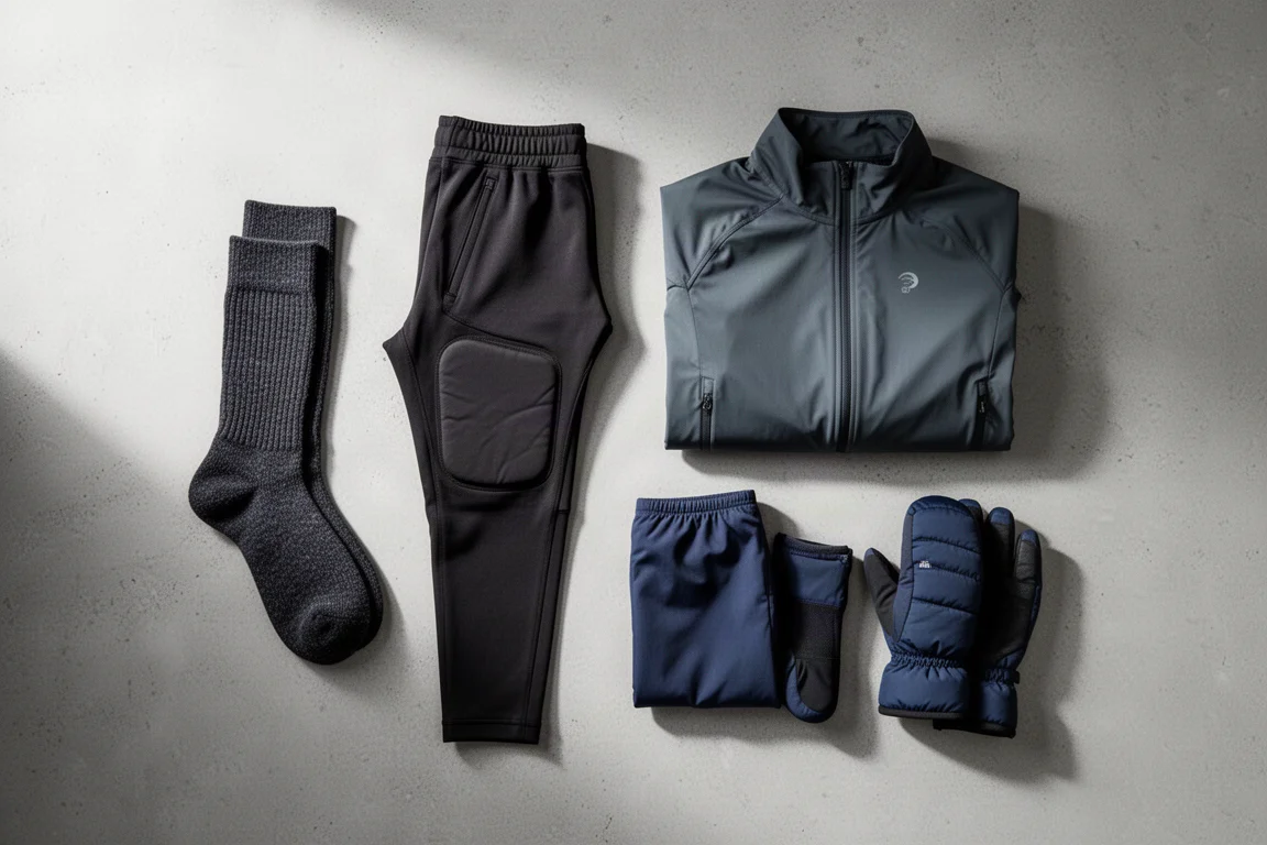 Winter running gear laid out on concrete: socks, jogger pants, jacket and mittens