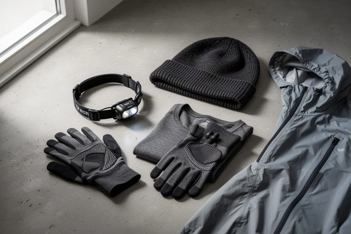 Flat-lay of winter running kit including head torch, beanie, gloves, base layer, and waterproof jacket