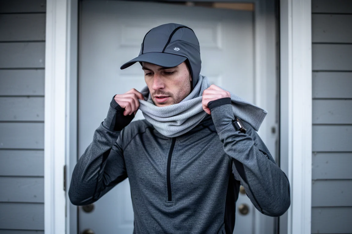 Hardloopoutfits in lagen uitgelegd op een bankje voorafgaand aan een wintertraining