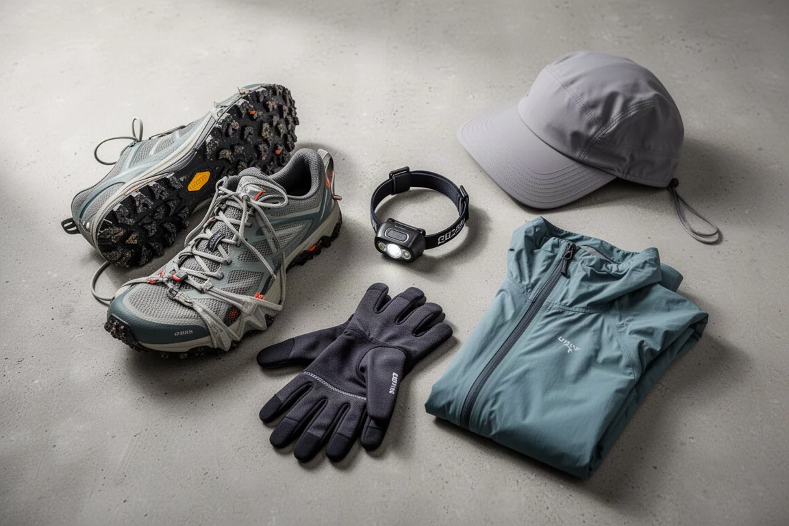 Flat-lay di attrezzatura per la corsa invernale con guanti, berretto, felpa con cappuccio, calze e joggers sul cemento