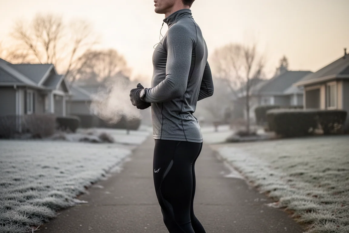 Runner layering up before a cold morning run