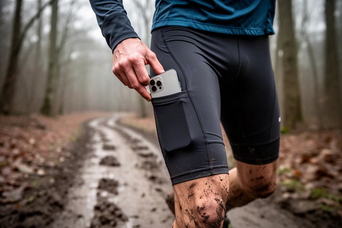 Trail runner reaching into a side pocket on a half tight during a run