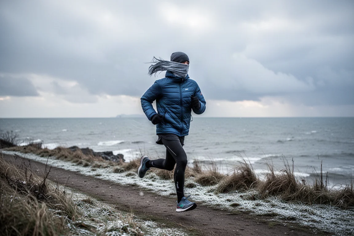 Runner on a windy coastal path in cold winter conditions
