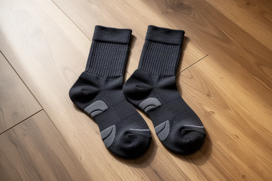 Close-up of merino running socks with cushioned heel and toe zones