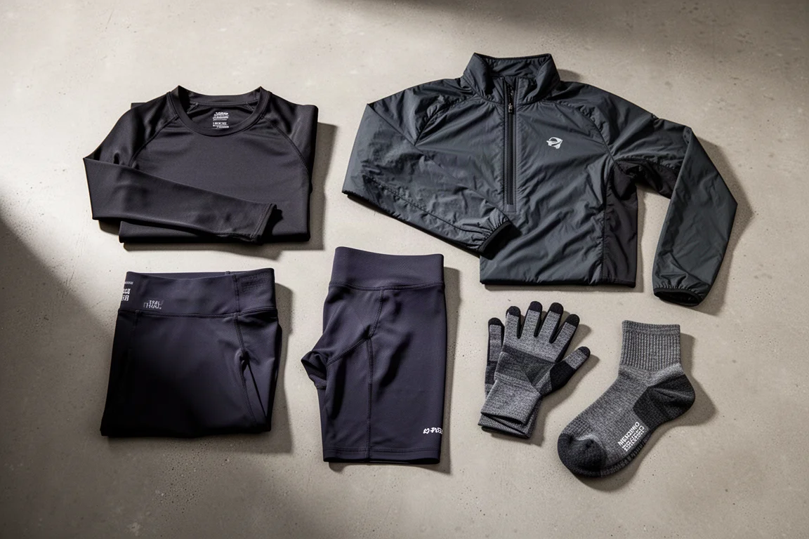Flat-lay of winter running gear including base layer, tights, jacket, gloves, and socks