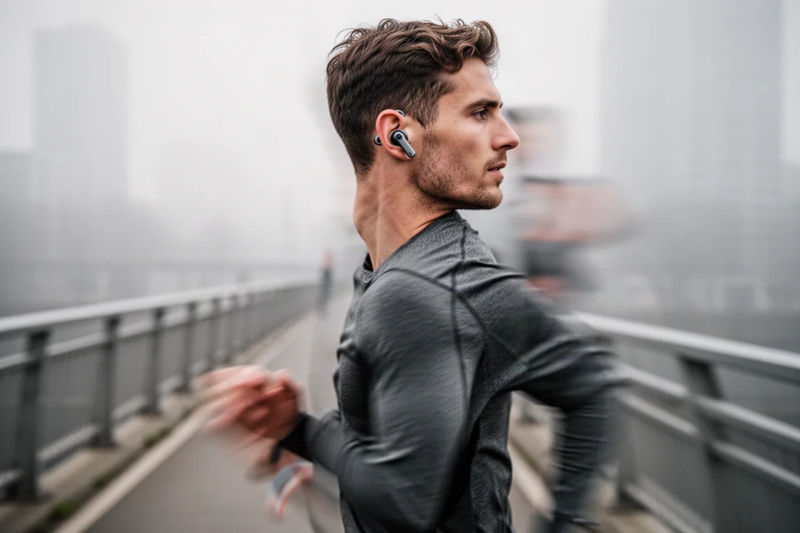 Corredor con auriculares de oreja abierta mientras corre por un camino urbano
