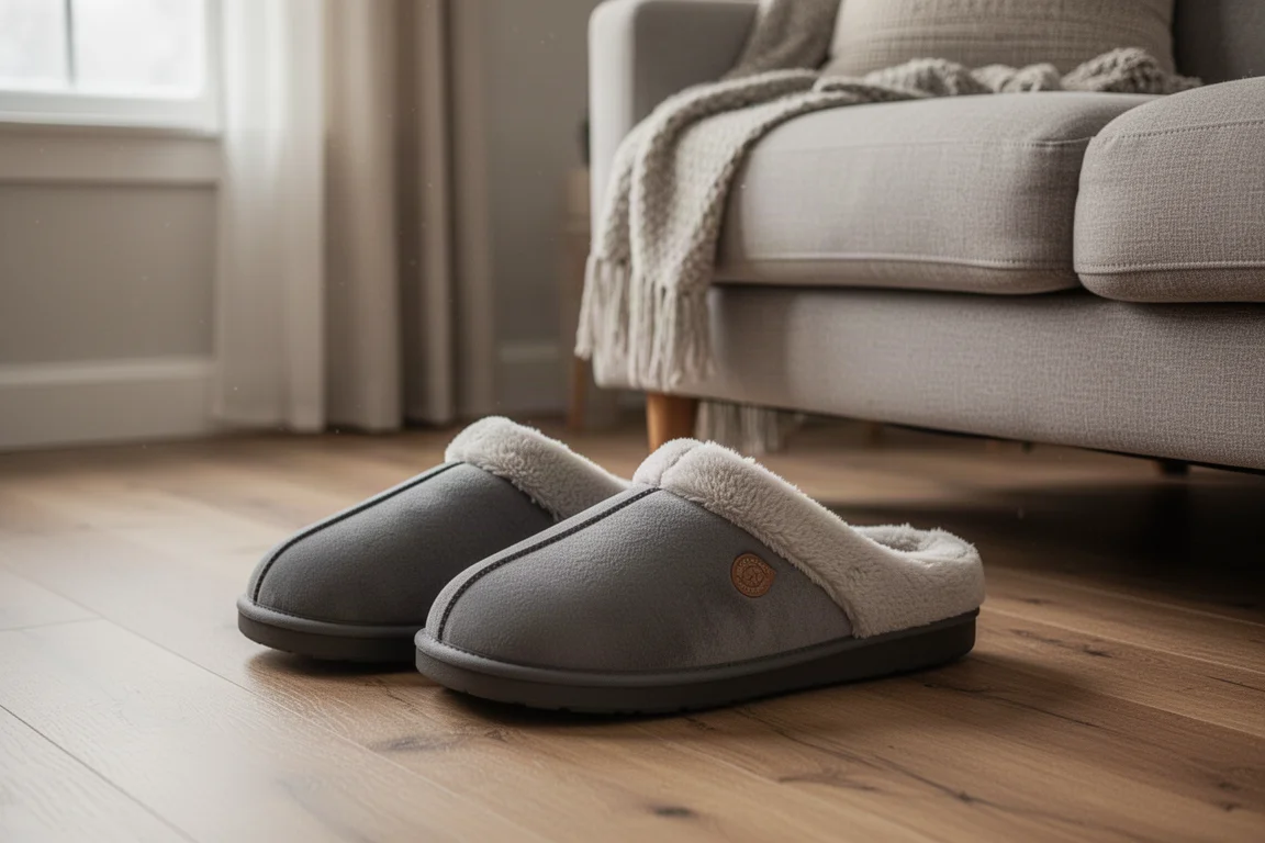 Corredor descansando en casa con zapatillas de recuperación cálidas después de correr