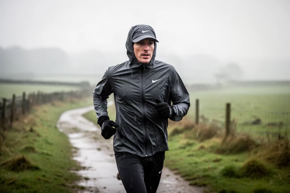 Carrera de trail de invierno bajo lluvia fría en un camino rural mojado