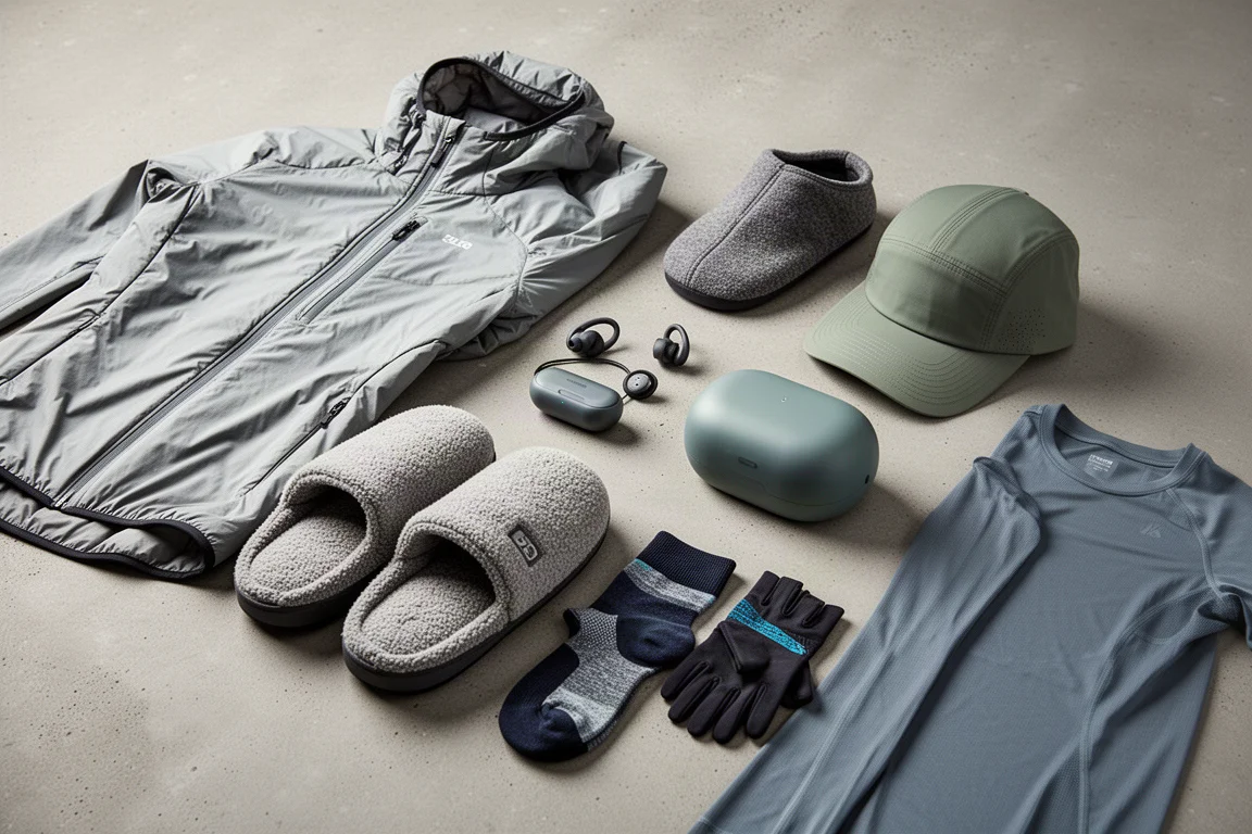Flat-lay of winter running gear including jacket, earbuds, slippers, socks, cap, gloves and long sleeve top