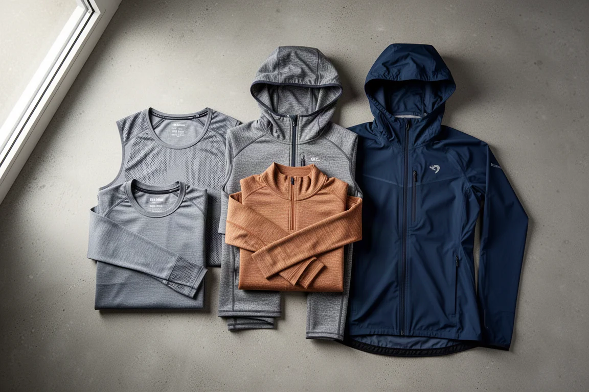 Flat-lay of layered winter running apparel including base layer, fleece and waterproof jacket