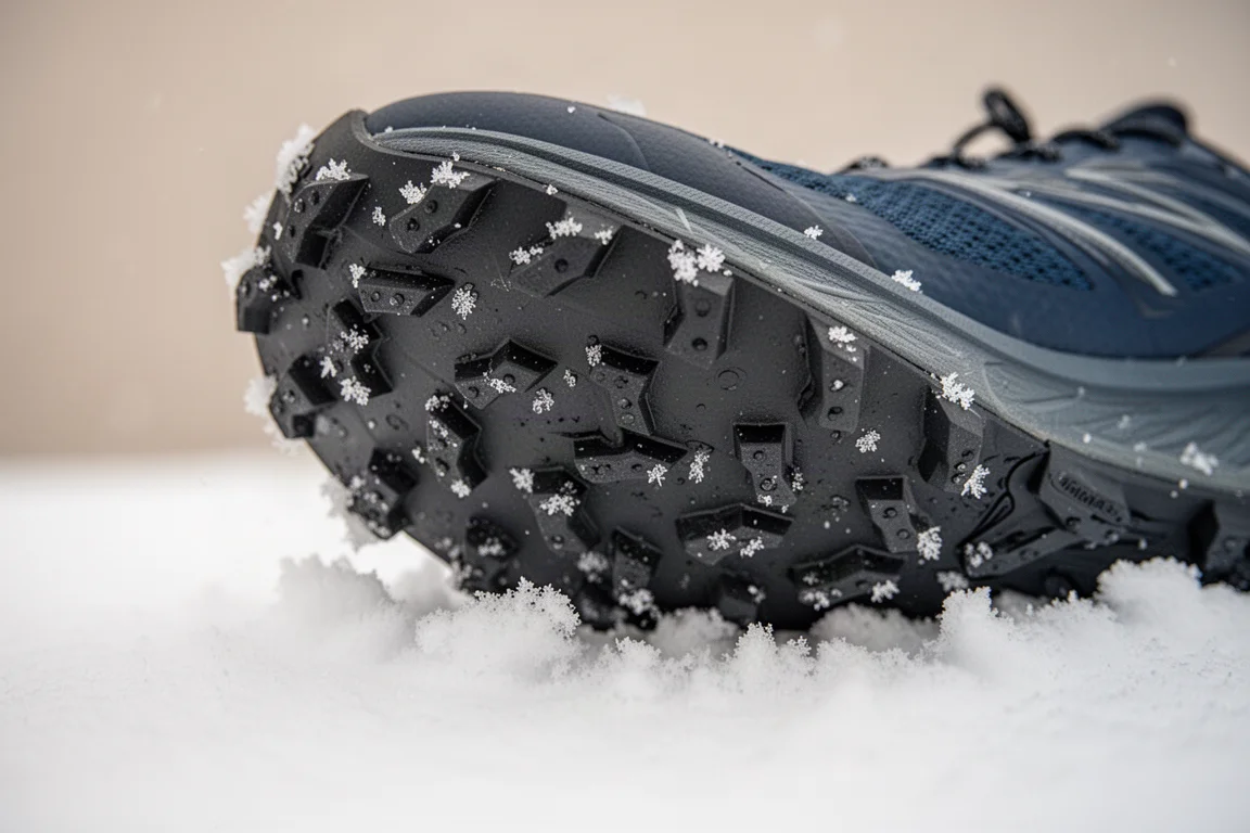 雪の上のトレイルランニングシューズのラグ付きアウトソールの接写