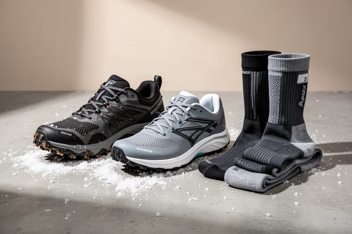 Trail shoe, road shoe and winter socks arranged on snowy concrete