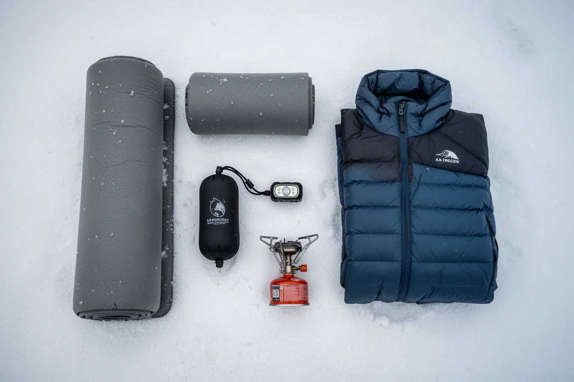 冬季露營裝備平鋪在壓實雪地上的俯拍畫面
