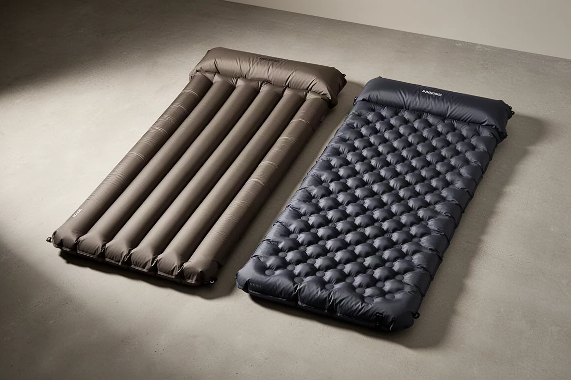 Two rectangular winter sleeping pads partially unrolled on a matte concrete surface