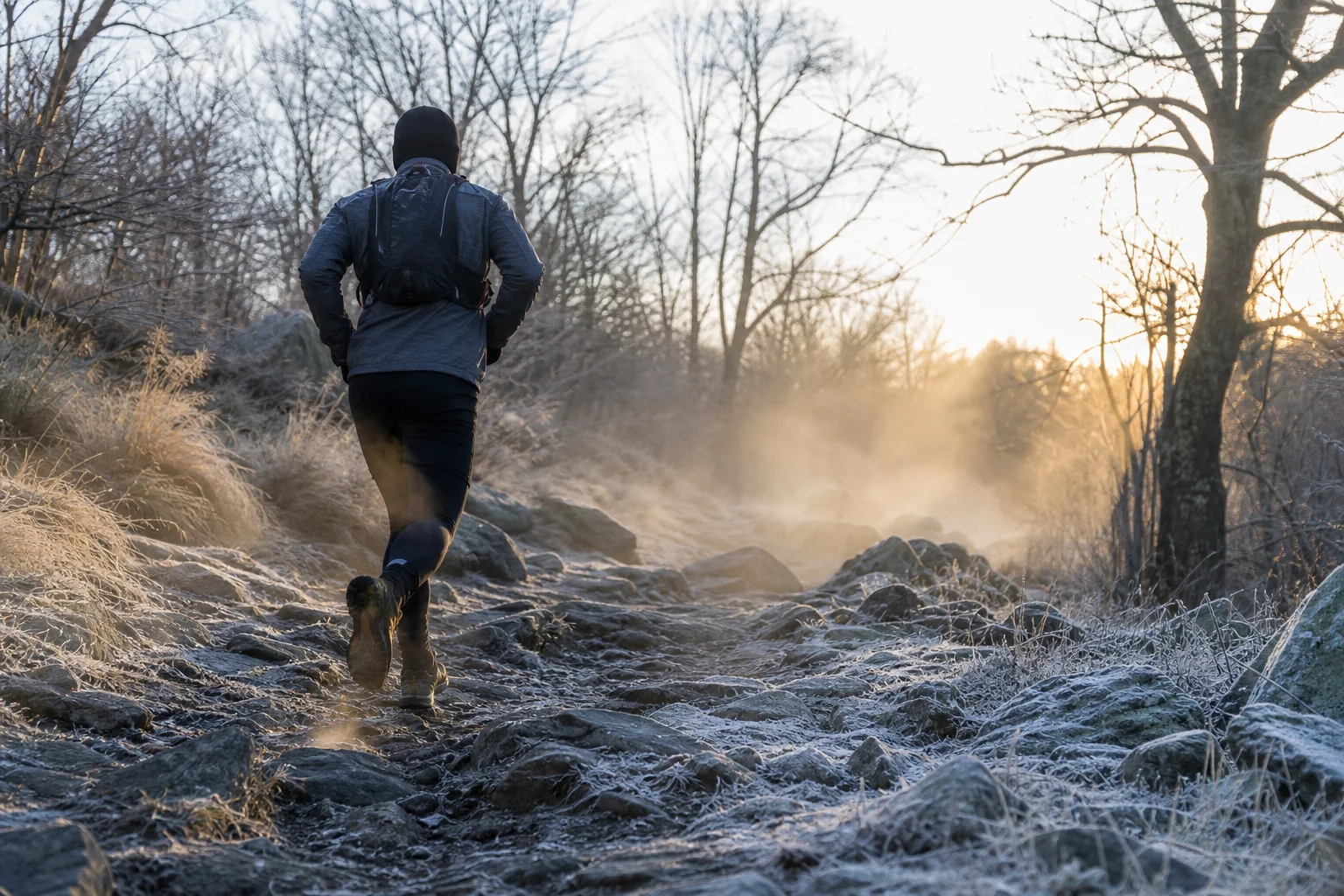 Traileur équipé pour l'hiver sur un sentier rocheux givré dans la brume