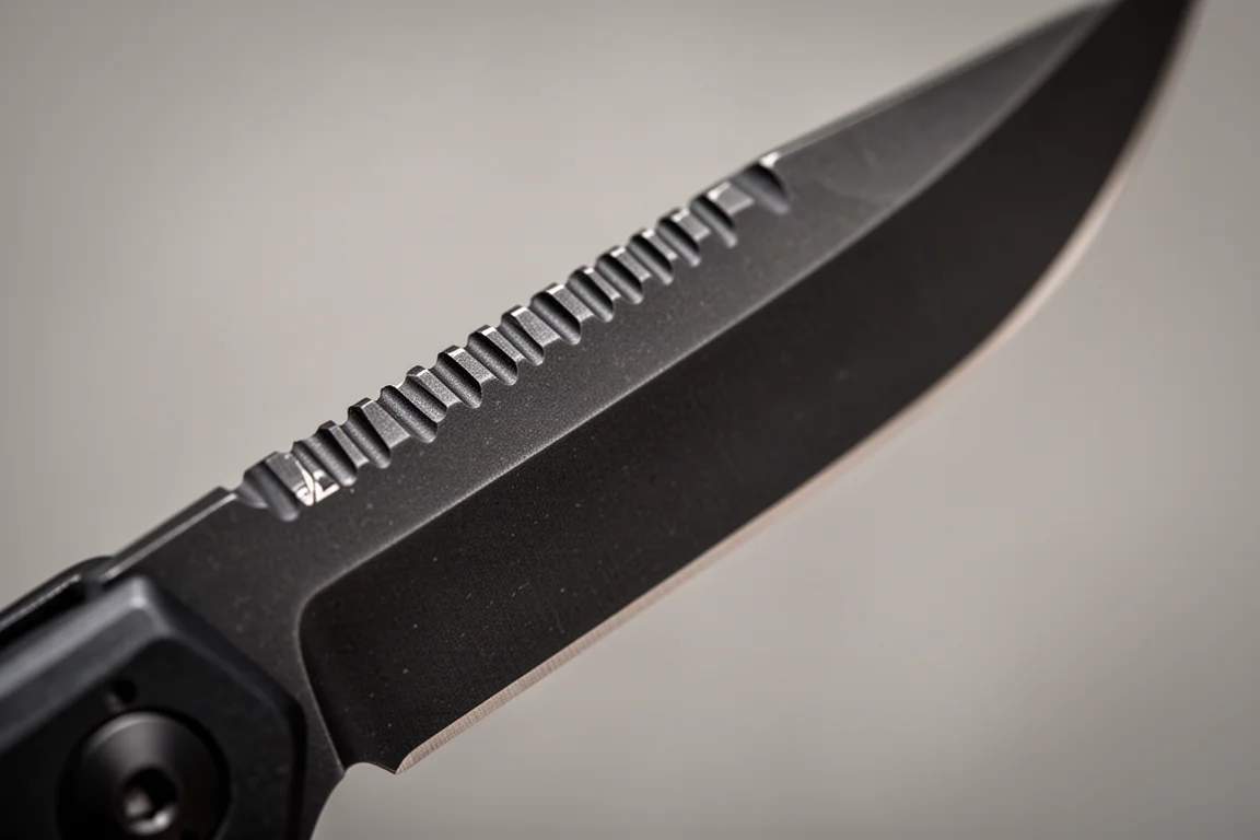 Close-up van een zakmeskling met donkere coating en machinaal bewerkte jimping