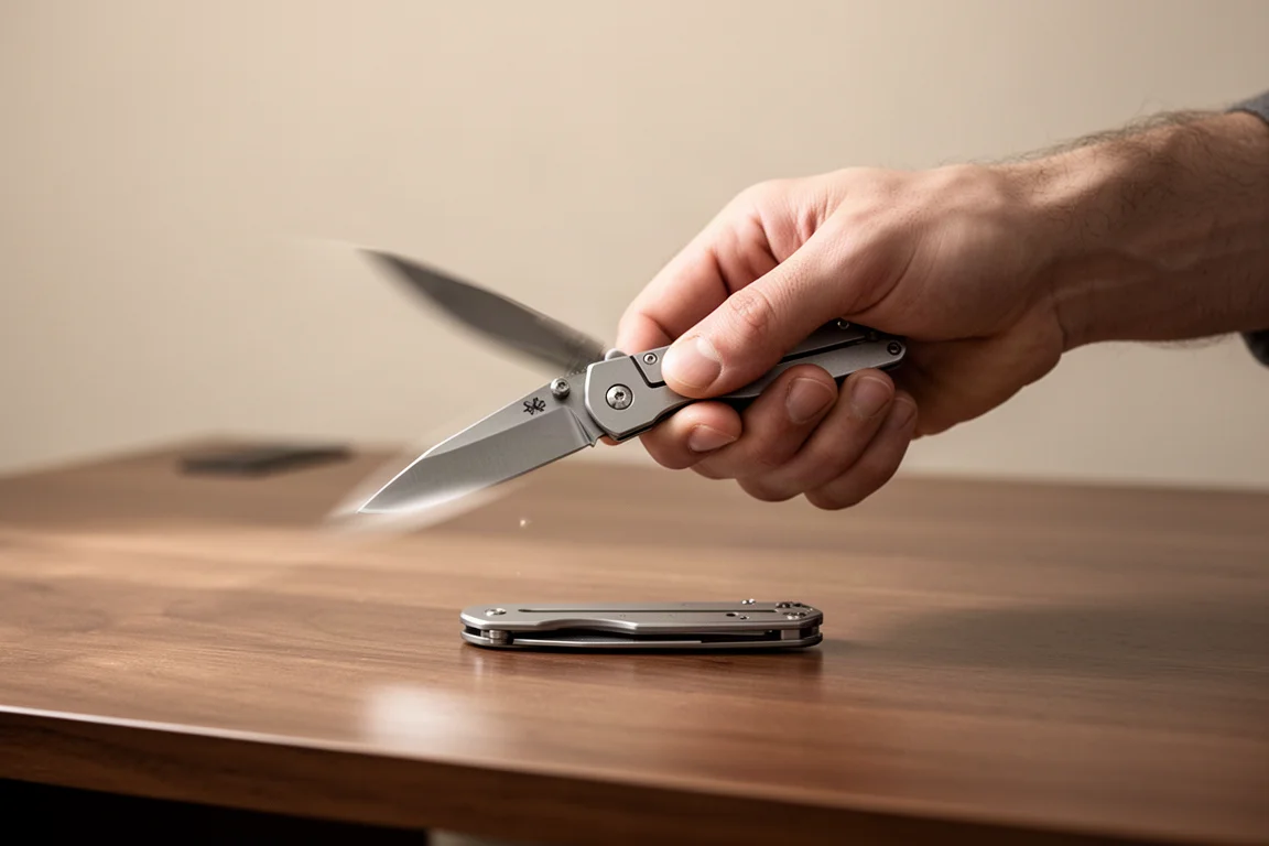 Een hand die een zakmes openklapt boven een houten bureau