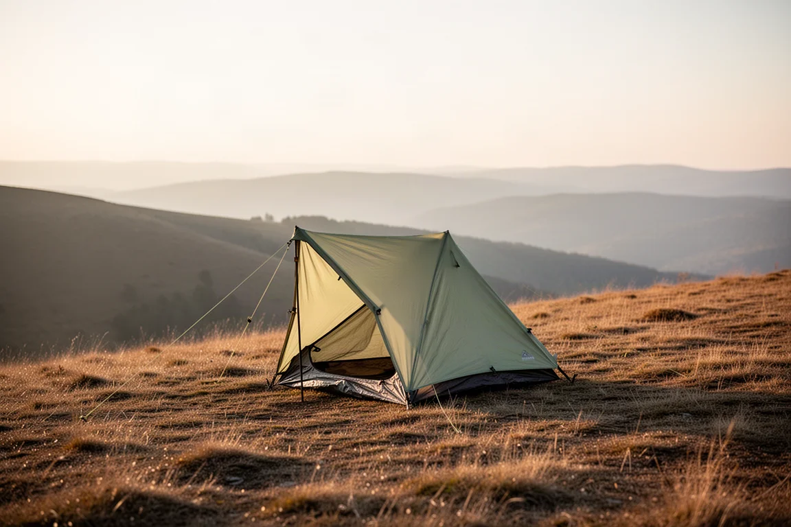 Refugio bivvy compacto montado en una cresta herbosa y seca durante la hora dorada