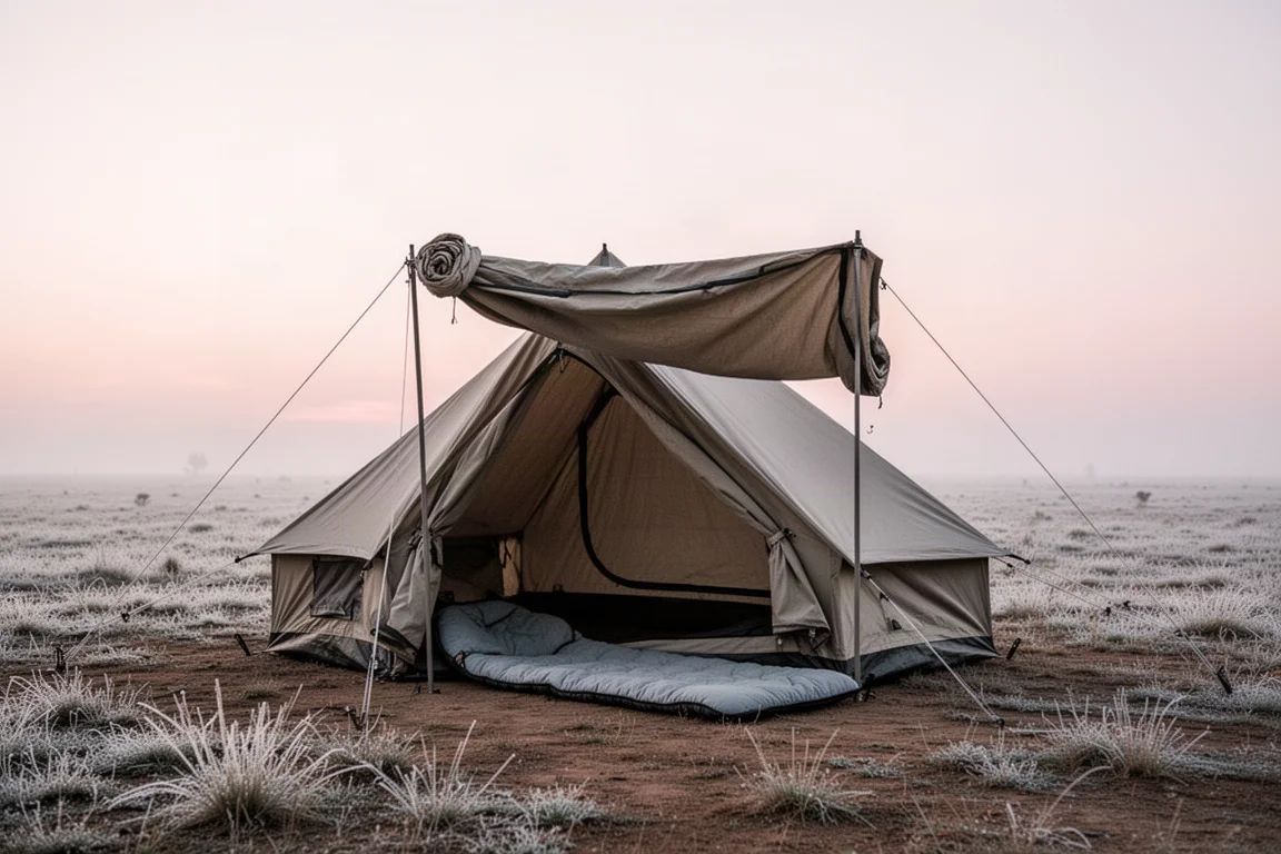 Refugio bivvy pequeño con el sobretecho recogido en una mañana tranquila y seca