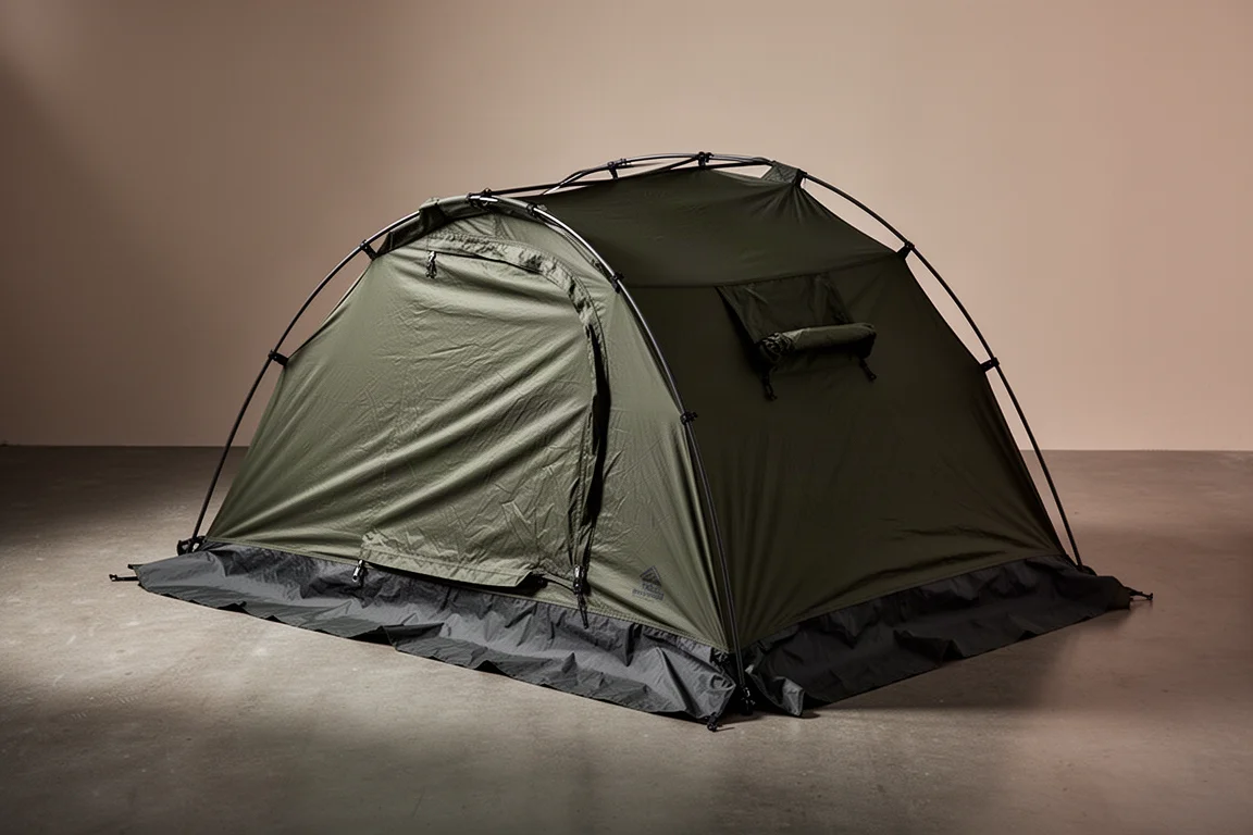 Low-profile green bivvy tent pitched on a matte concrete floor in studio light