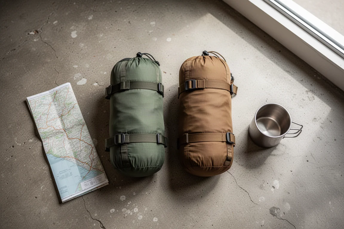 Duas tendas bivvy de perfil baixo montadas em um gramado de charneca ao anoitecer