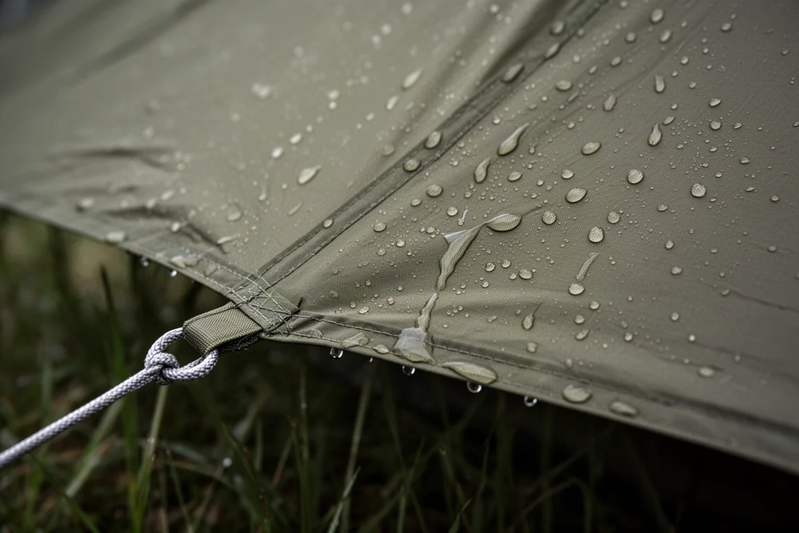 Estaqueamento e piquete tensionados em charneca exposta ao lado de uma tenda bivvy baixa