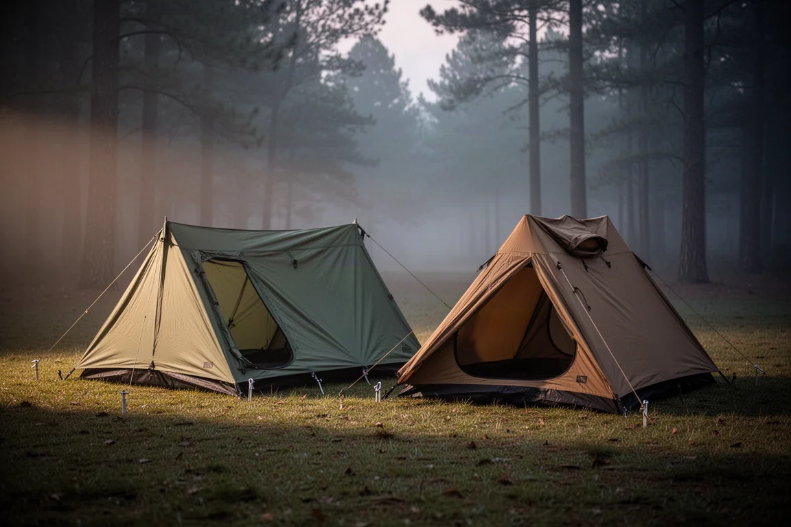 Two low-profile one-person bivvy tents pitched side by side in a forest clearing at dusk