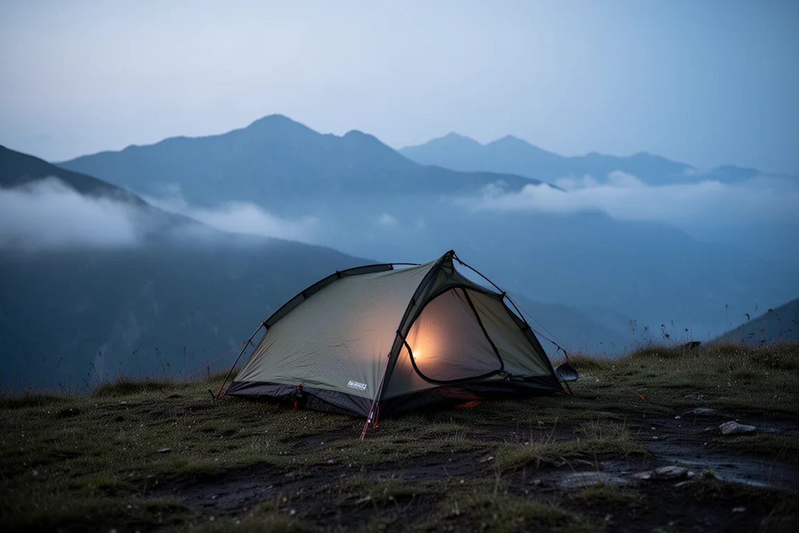 Tenda bivy a basso profilo montata su un crinale boscoso mentre si addensano nuvole di pioggia al crepuscolo