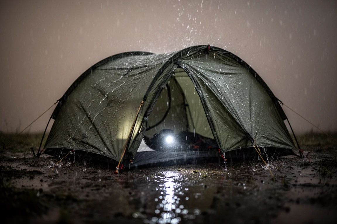 Acqua piovana che forma gocce e scorre via dal tessuto teso di una tenda da campeggio